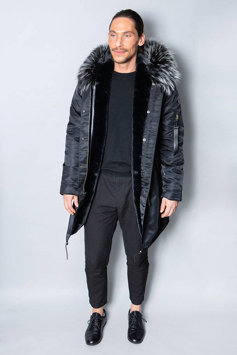Mens Real Look Faux Fur Collar Parka Jacket with Black Lining 3/4 - Bobbi Parka