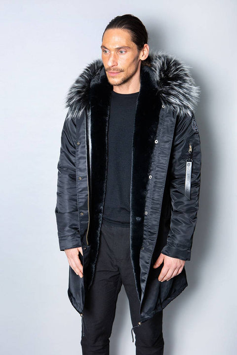 Mens Real Look Faux Fur Collar Parka Jacket with Black Lining 3/4 - Bobbi Parka