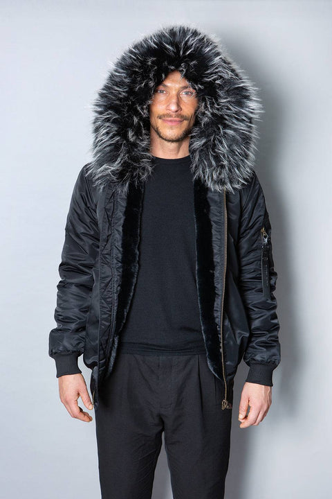 Mens Real Look Faux Fur Bomber Jacket with Black Lining - Bobbi Parka