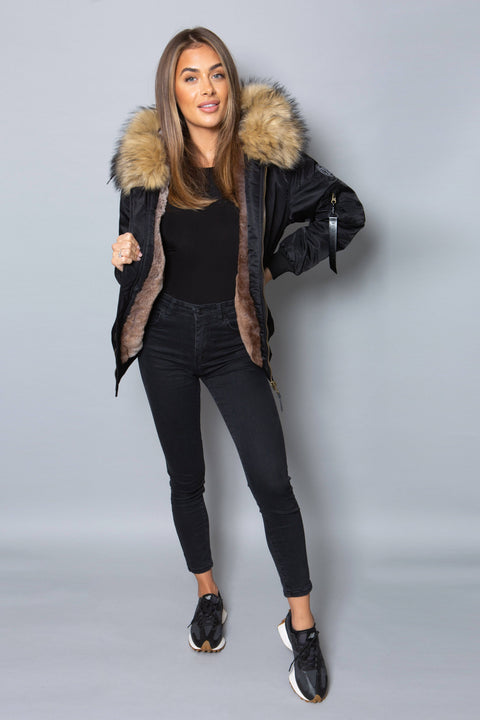 Womens Real Look Faux Fur Bomber with Natural Faux Fur - Bobbi Parka