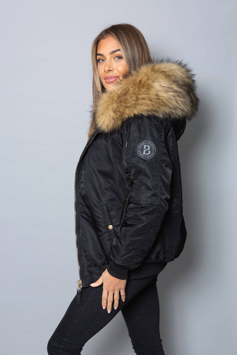 Womens Real Look Faux Fur Bomber with Natural Faux Fur - Bobbi Parka