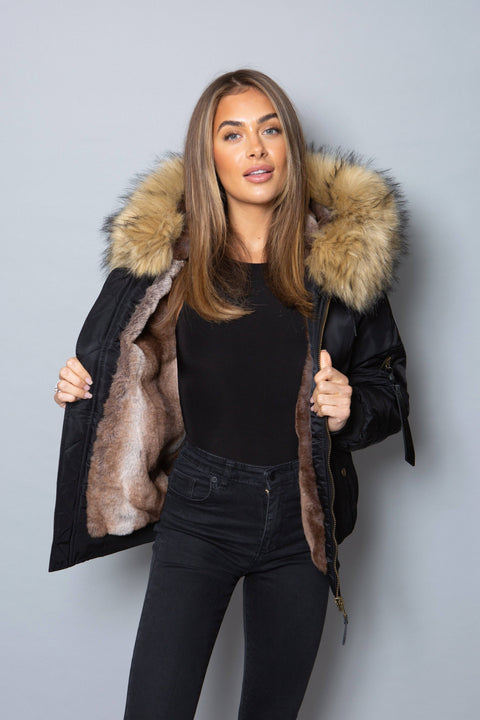 Womens Real Look Faux Fur Bomber with Natural Faux Fur - Bobbi Parka