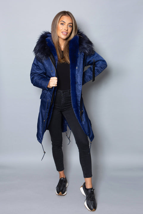 Womens Real Look Faux Fur Collar Parka Jacket with Navy Faux Fur Lining 3/4 - Bobbi Parka