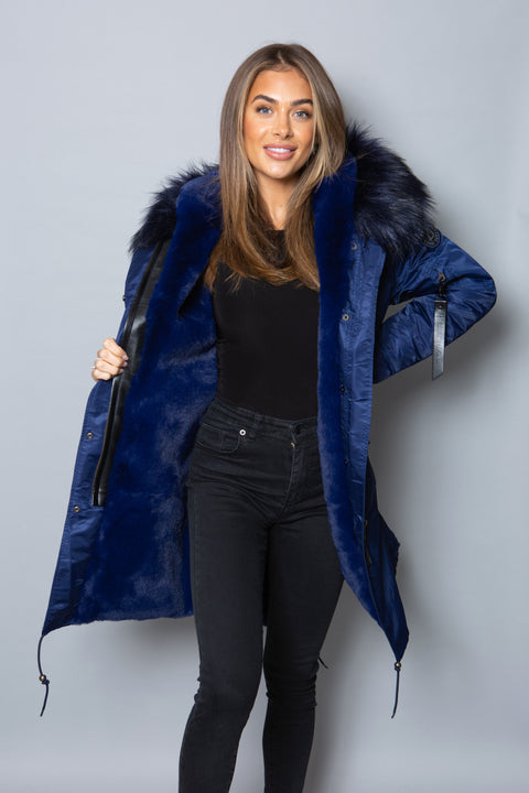 Womens Real Look Faux Fur Collar Parka Jacket with Navy Faux Fur Lining 3/4 - Bobbi Parka