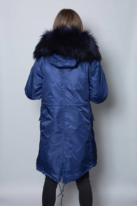 Womens Real Look Faux Fur Collar Parka Jacket with Navy Faux Fur Lining 3/4 - Bobbi Parka