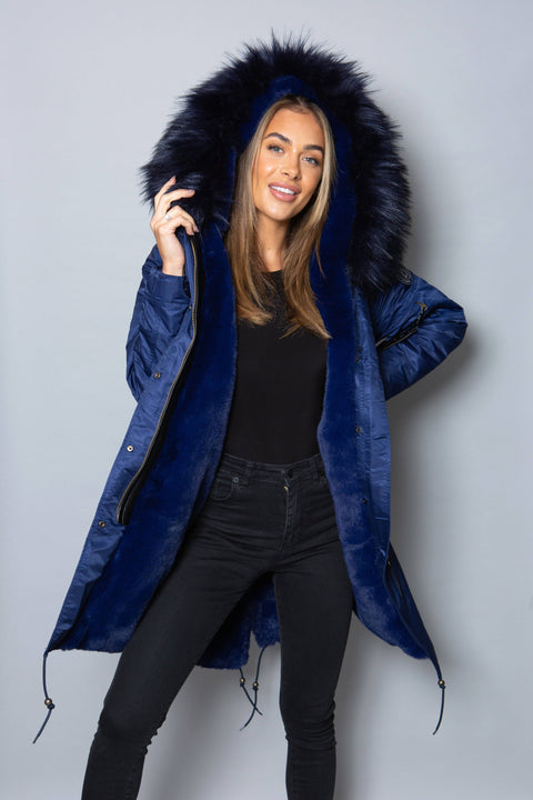 Womens Real Look Faux Fur Collar Parka Jacket with Navy Faux Fur Lining 3/4 - Bobbi Parka