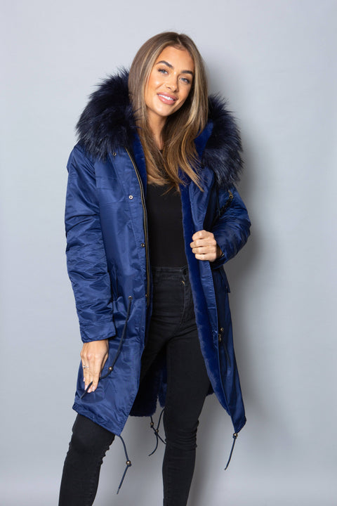 Womens Real Look Faux Fur Collar Parka Jacket with Navy Faux Fur Lining 3/4 - Bobbi Parka
