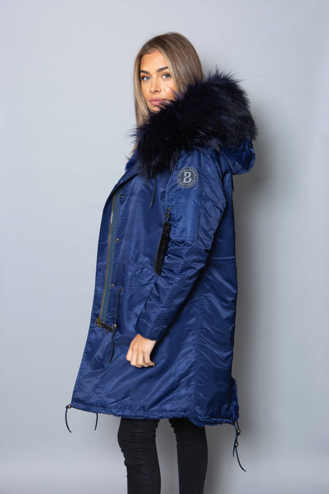 Womens Real Look Faux Fur Collar Parka Jacket with Navy Faux Fur Lining 3/4 - Bobbi Parka