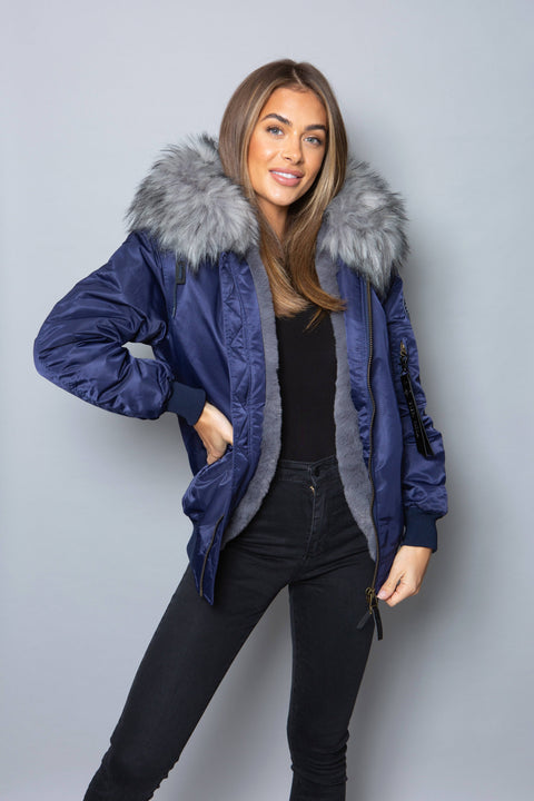 Womens Real Look Faux Fur Bomber with Grey Faux Fur - Bobbi Parka
