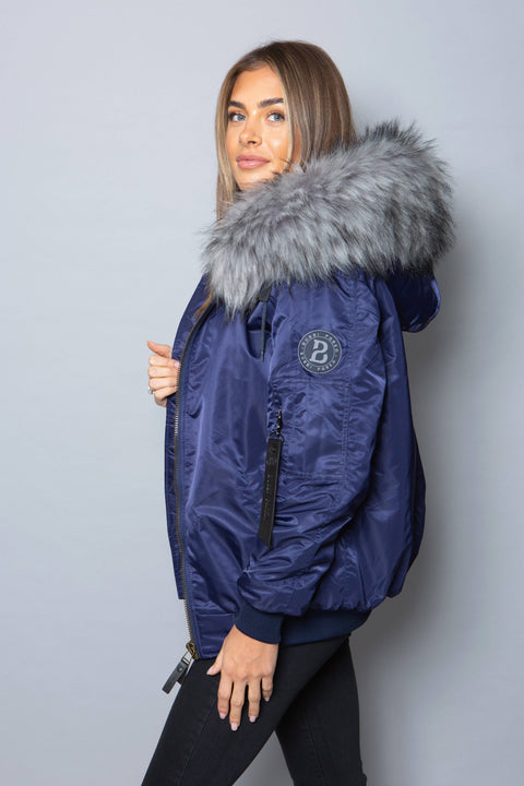 Womens Real Look Faux Fur Bomber with Grey Faux Fur - Bobbi Parka