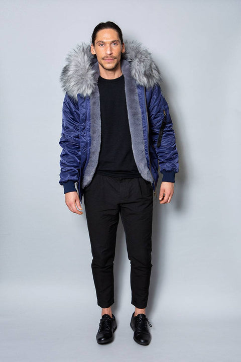 Mens Real Look Faux Fur Bomber Jacket with Grey Lining - Bobbi Parka