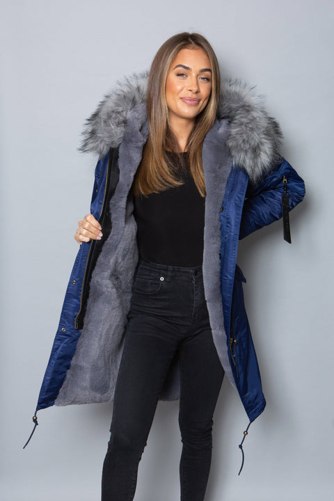 Womens Real Look Faux Fur Collar Parka Jacket with Grey Faux Fur Lining 3/4 - Bobbi Parka