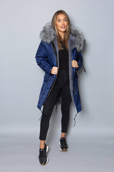 Womens Real Look Faux Fur Collar Parka Jacket with Grey Faux Fur Lining 3/4 - Bobbi Parka