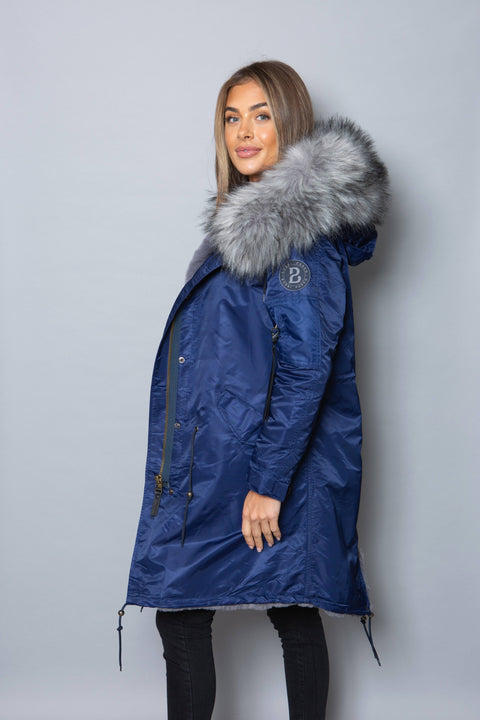 Womens Real Look Faux Fur Collar Parka Jacket with Grey Faux Fur Lining 3/4 - Bobbi Parka
