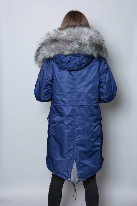 Womens Real Look Faux Fur Collar Parka Jacket with Grey Faux Fur Lining 3/4 - Bobbi Parka