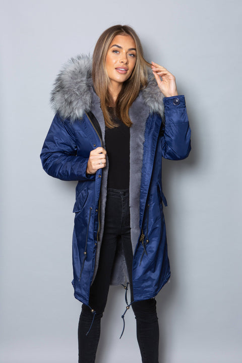 Womens Real Look Faux Fur Collar Parka Jacket with Grey Faux Fur Lining 3/4 - Bobbi Parka