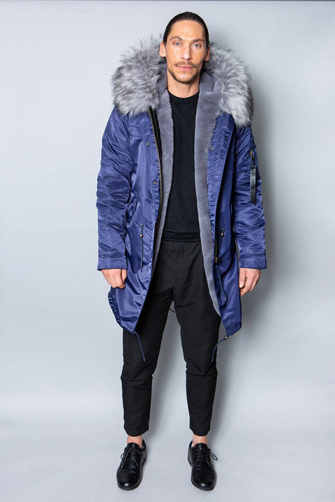 Mens Real Look Faux Fur Collar Parka Jacket with Grey Lining 3/4 - Bobbi Parka