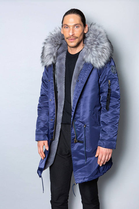 Mens Real Look Faux Fur Collar Parka Jacket with Grey Lining 3/4 - Bobbi Parka