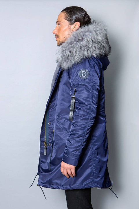 Mens Real Look Faux Fur Collar Parka Jacket with Grey Lining 3/4 - Bobbi Parka