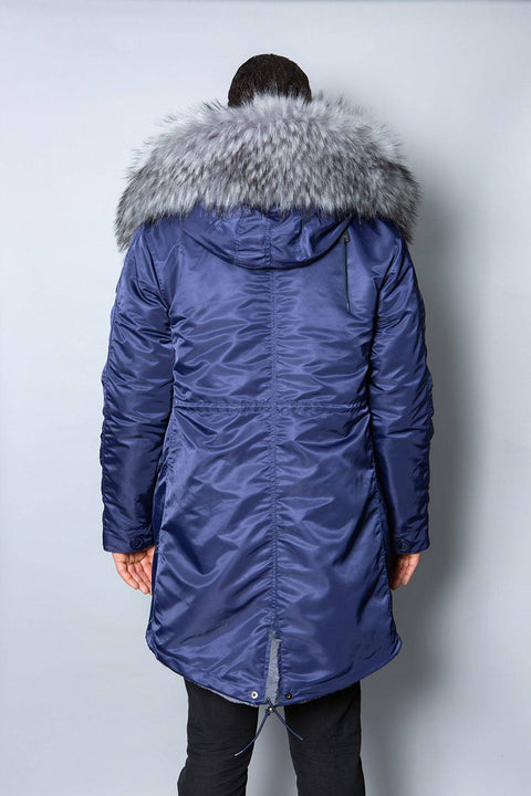 Mens Real Look Faux Fur Collar Parka Jacket with Grey Lining 3/4 - Bobbi Parka