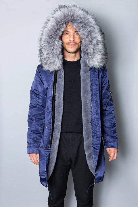 Mens Real Look Faux Fur Collar Parka Jacket with Grey Lining 3/4 - Bobbi Parka