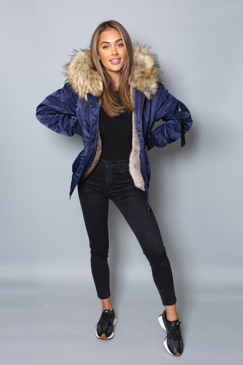 Womens Real Look Faux Fur Bomber with Natural Faux Fur