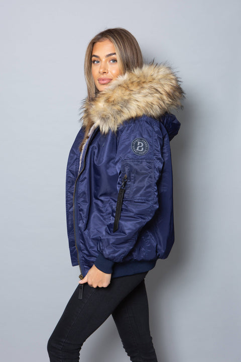 Womens Real Look Faux Fur Bomber with Natural Faux Fur - Bobbi Parka