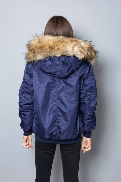 Womens Real Look Faux Fur Bomber with Natural Faux Fur - Bobbi Parka