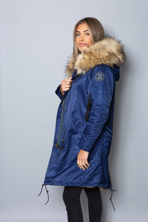 Womens Real Look Faux Fur Collar Parka Jacket with Natural Faux Fur Lining 3/4 - Bobbi Parka