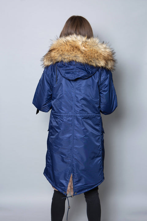Womens Real Look Faux Fur Collar Parka Jacket with Natural Faux Fur Lining 3/4 - Bobbi Parka