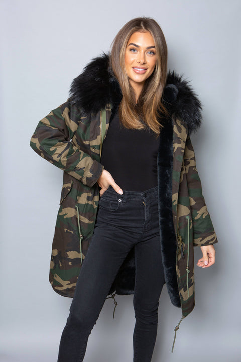 Womens Real Look Faux Fur Collar Parka Jacket with Black Faux Fur Lining 3/4 - Bobbi Parka