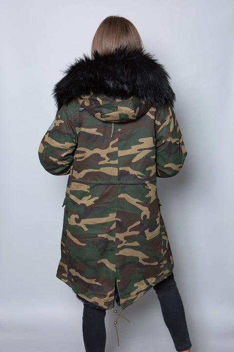 Womens Real Look Faux Fur Collar Parka Jacket with Black Faux Fur Lining 3/4 - Bobbi Parka
