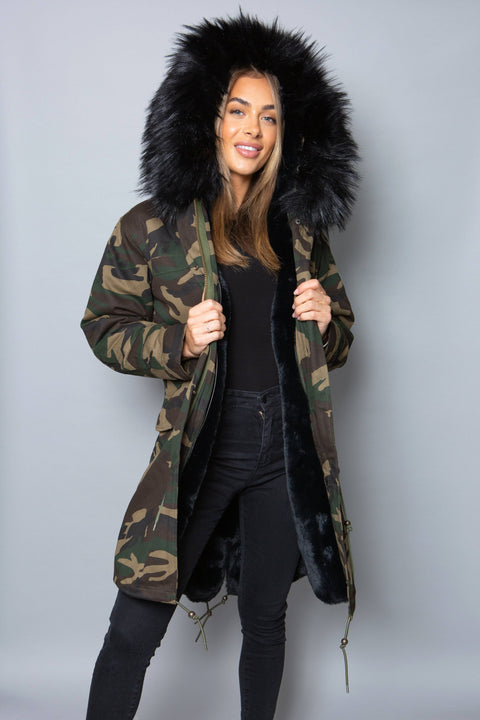 Womens Real Look Faux Fur Collar Parka Jacket with Black Faux Fur Lining 3/4 - Bobbi Parka