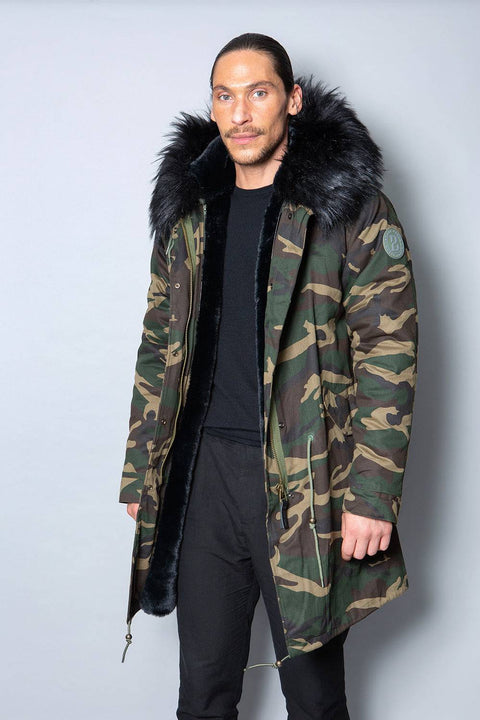 Mens Real Look Faux Fur Collar Parka Jacket with Black Lining 3/4 - Bobbi Parka