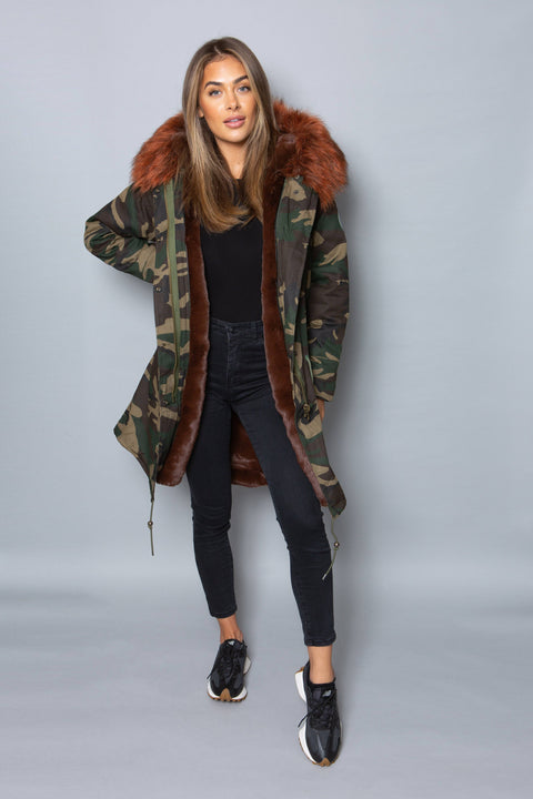 Sale Womens Real Look Faux Fur Collar Parka Jacket with Brown Faux Fur Lining 3/4 - Bobbi Parka