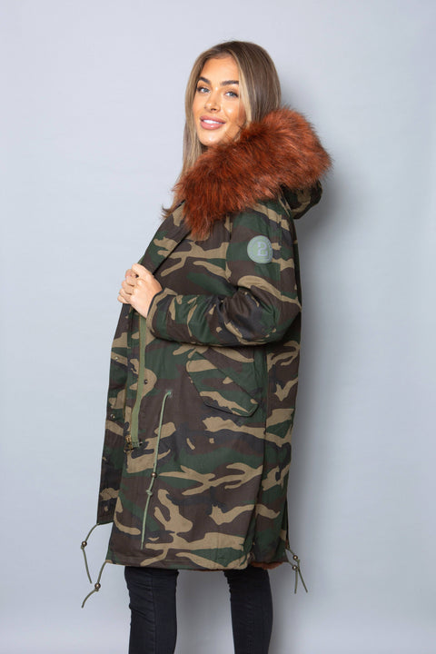 Sale Womens Real Look Faux Fur Collar Parka Jacket with Brown Faux Fur Lining 3/4 - Bobbi Parka