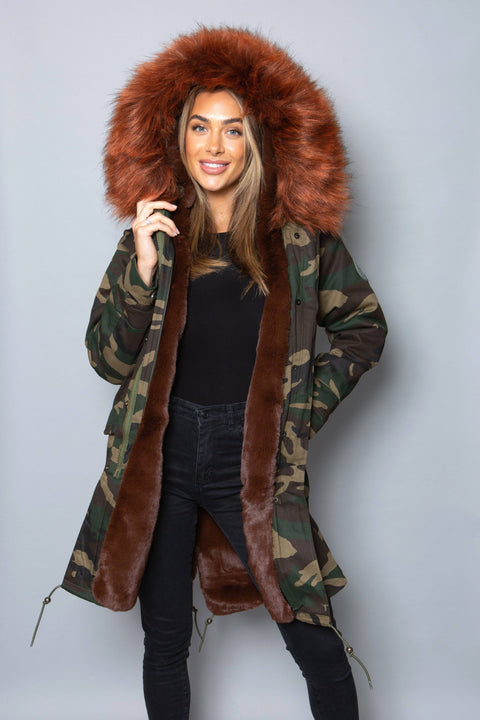 Womens Real Look Faux Fur Collar Parka Jacket with Brown Faux Fur Lining 3/4 - Bobbi Parka