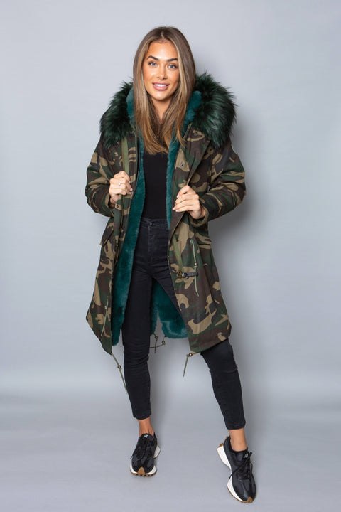 Womens Real Look Faux Fur Collar Parka Jacket with Green Faux Fur Lining 3/4 - Bobbi Parka