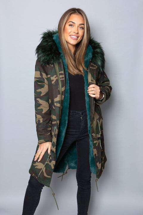 Womens Real Look Faux Fur Collar Parka Jacket with Green Faux Fur Lining 3/4 - Bobbi Parka
