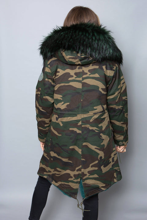 Womens Real Look Faux Fur Collar Parka Jacket with Green Faux Fur Lining 3/4 - Bobbi Parka