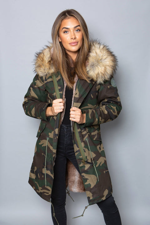Womens Real Look Faux Fur Collar Parka Jacket with Natural Faux Fur Lining 3/4 - Bobbi Parka