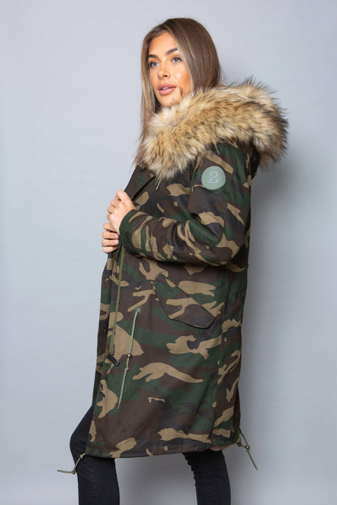 Womens Real Look Faux Fur Collar Parka Jacket with Natural Faux Fur Lining 3/4 - Bobbi Parka