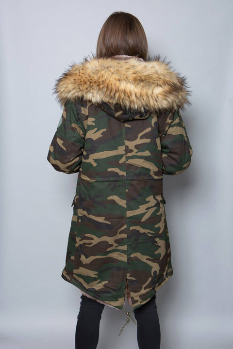 Womens Real Look Faux Fur Collar Parka Jacket with Natural Faux Fur Lining 3/4 - Bobbi Parka
