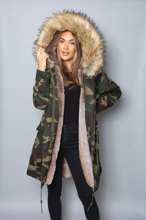 Womens Real Look Faux Fur Collar Parka Jacket with Natural Faux Fur Lining 3/4 - Bobbi Parka