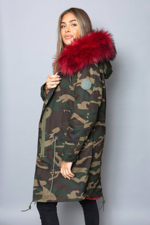 Womens Real Look Faux Fur Collar Parka Jacket with Red Faux Fur Lining 3/4 - Bobbi Parka