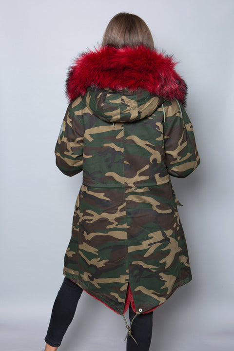 Womens Real Look Faux Fur Collar Parka Jacket with Red Faux Fur Lining 3/4 - Bobbi Parka