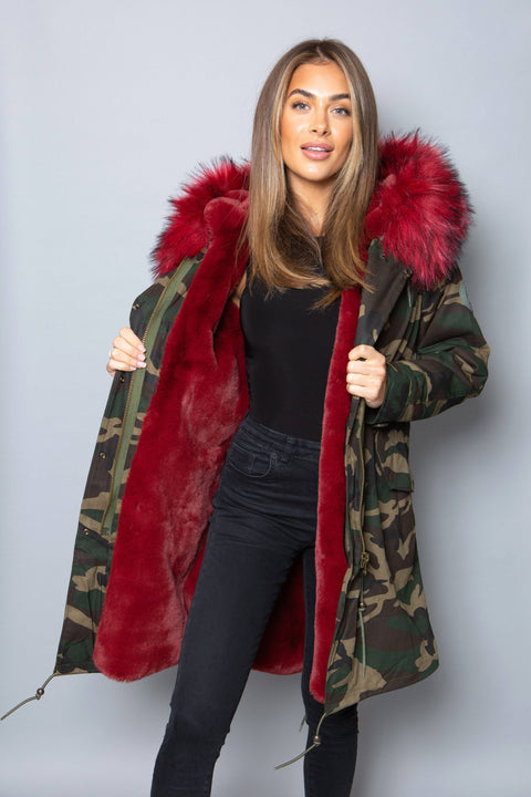 Womens Real Look Faux Fur Collar Parka Jacket with Red Faux Fur Lining 3/4 - Bobbi Parka