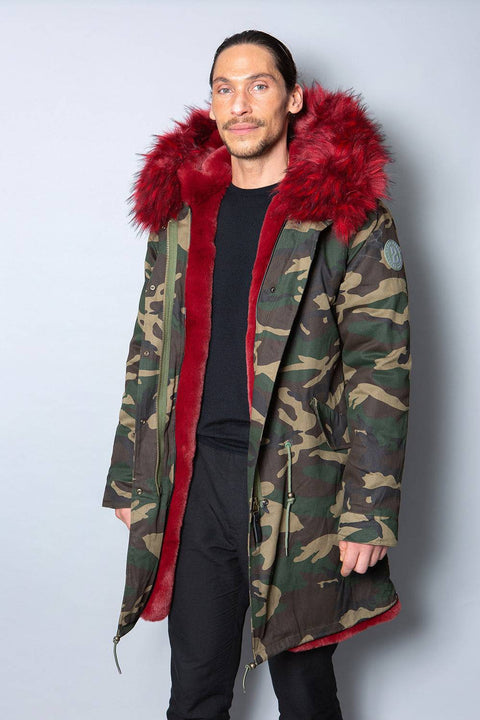 Mens Real Look Faux Fur Collar Parka Jacket with Red Lining 3/4 - Bobbi Parka