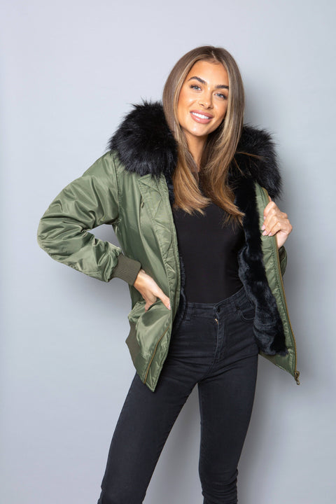 Womens Real Look Faux Fur Bomber with Black Faux Fur - Bobbi Parka