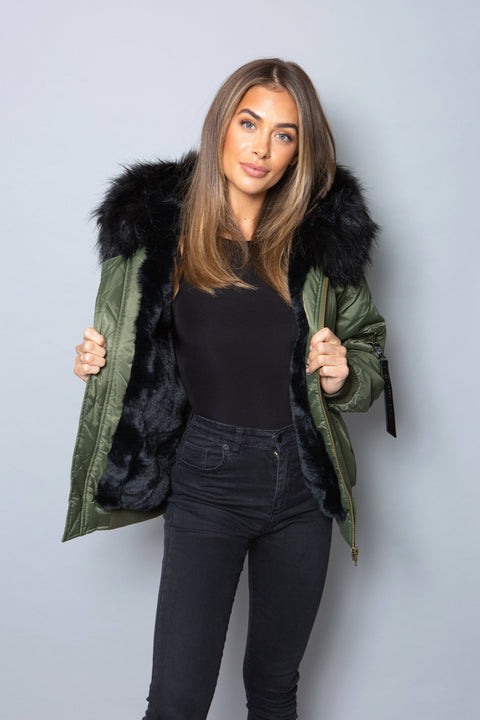 Womens Real Look Faux Fur Bomber with Black Faux Fur - Bobbi Parka